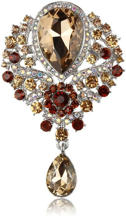 Women's Crystal Silver-Tone Bouquet Flower Teardrop Large Gorgeous Bouquet Brooch Pin (coffee)...
