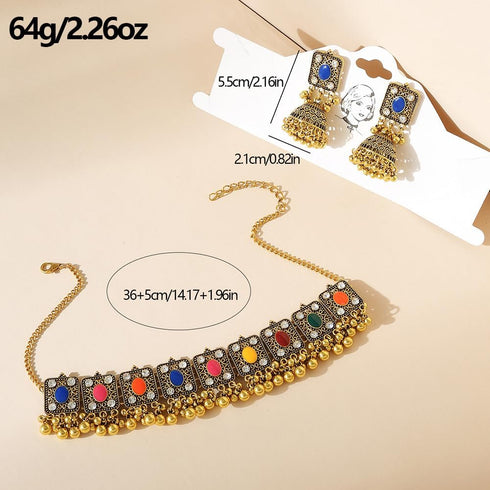Chargances Indian Jhumka Jhumki Necklace Bollywood Wedding Traditional Bell Beaded Choker Necklace for Women Bridal Halloween (Colorful)...