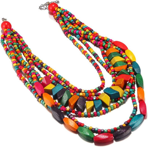 COLORFUL BLING Handmade Multi-Layer Chunky Wooden Beads Bib Necklace Earrings Set African Statement Collar Choker Multi Strand Necklace Boho Jewel...