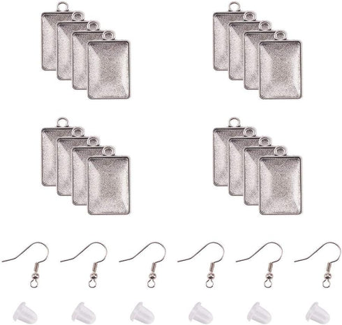 PH PandaHall 20pcs Cabochon Earring Bezel Pendant Tray, Tibetan Alloy Rectangle Earring Cabochon Settings 20 Transparent Glass Cabochons and 20 Br...