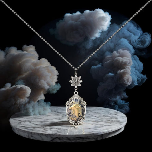 Lotus Charm Necklace Antique Decor Cameo Pendant 2 Chains Velvet Pouch for Gift...
