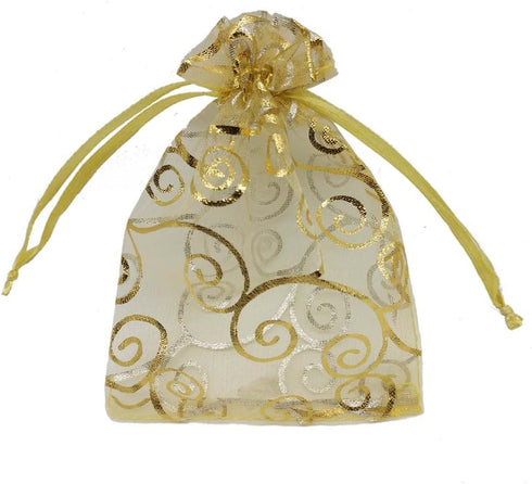 100pcs Sheer Organza Favor Bags For Wedding Baby Shower Rattan Print Gift Bags Samples Display Drawstring Pouches (3x4 inch, gold)...