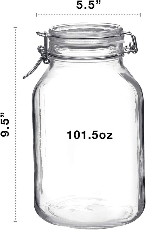 Bormioli Rocco Fido Wide Mouth Glass Jar with Airtight Gasket Clamp Lid for Canning and Food Storage, Clear Top, 101.5 oz....
