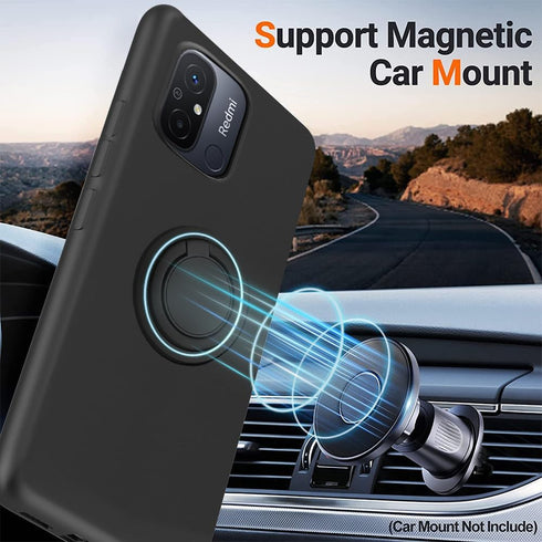 Phone Case with Glass Screen Protector for Xiaomi Redmi 12C/Poco C55 - Black, 360° Rotatable Ring Holder, Magnetic Kickstand, Shockproof Protectiv...
