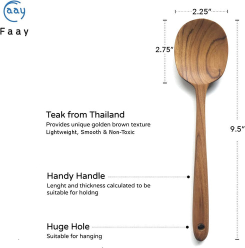 FAAY 2 Teak Serving Spoons, 9.5 Inches Wooden Spoon, Salad Servers, Handcrafted from High Moist Resistance Teak, 100% Healthy Utensils...