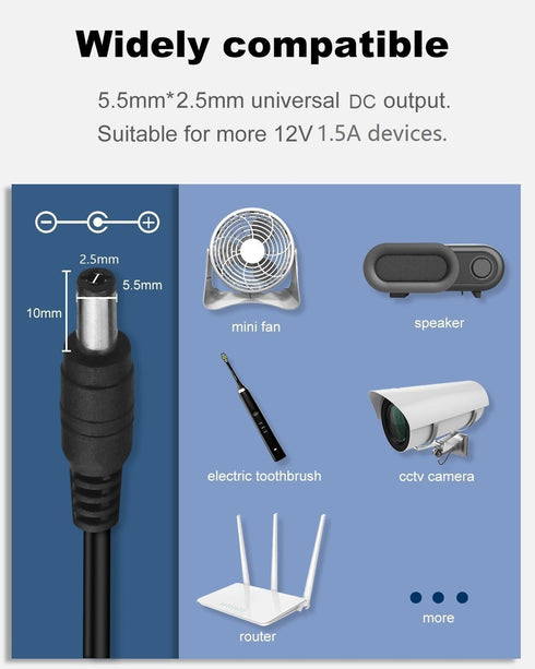 DC 12 Volt 1.5 Amp Switching Power Supply, 100-240V 50-60Hz AC to DC 12V 1.5A 18W Power Supply Adapter with 5.5mm x 2.5mm DC Outlet Plug, and 10 M...