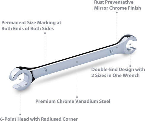 3-Piece Premium Double-End Metric Flare Nut Wrench Set, Size 10, 12, 13, 14, 15, 17mm | Cr-V Steel, 6-Point Head, 15° Offset Design | Perfect Line...