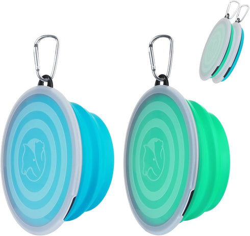SLSON Dog Bowls Pet Collapsible Bowl with Cover Lids, 2 Pack, Light Blue and Green, Large...