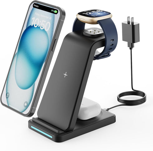 Wireless Charger for Fitbit Charging Station - GEEKERA 3 in 1 Phone Charger Stand for Fitbit Watch Sense 2/Sense/Versa 4/3, iPhone, Samsung, Googl...