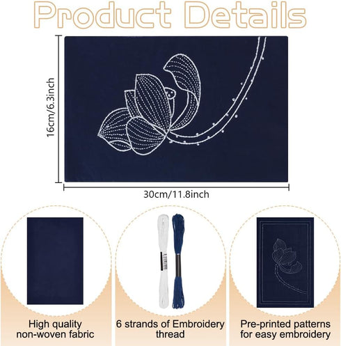 FREEBLOSS Sashiko Tea Mat DIY Sashiko Kit with Instructions Sashiko Kit for Beginners 12.2 * 6.7'' Lotus Sashiko Japanese Needlework Kit for House...