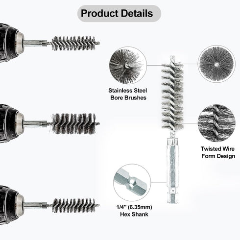 ASNOMY 8Pcs Stainless Steel Bore Brush,1/4''-1'' Inch Stainless Steel Bristles Wire Brush Bore Cleaning Brush Set for Power Drill Cleaning, Abrasi...