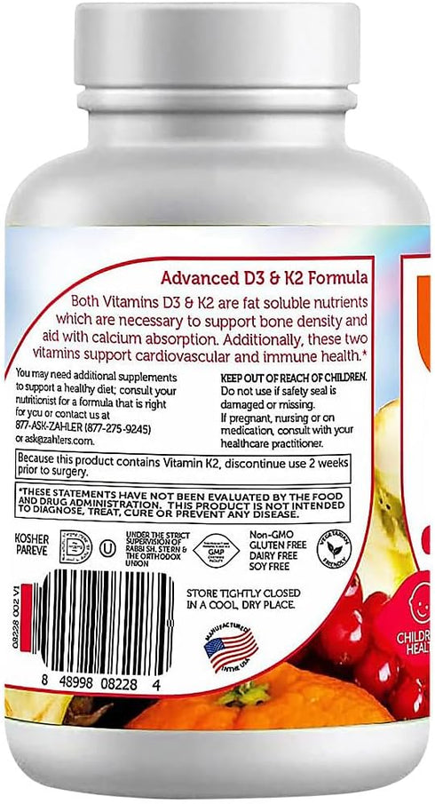 Zahler - Junior Vitamin D3 + K2 Chewable Tablets for Kids| Vitamin D for Kids 2000 IU | Delicious Vitamin D K2 Chews to Support Healthy Bones & Te...
