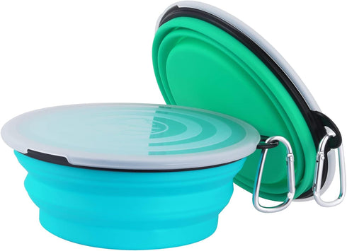 SLSON Dog Bowls Pet Collapsible Bowl with Cover Lids, 2 Pack, Light Blue and Green, Large...