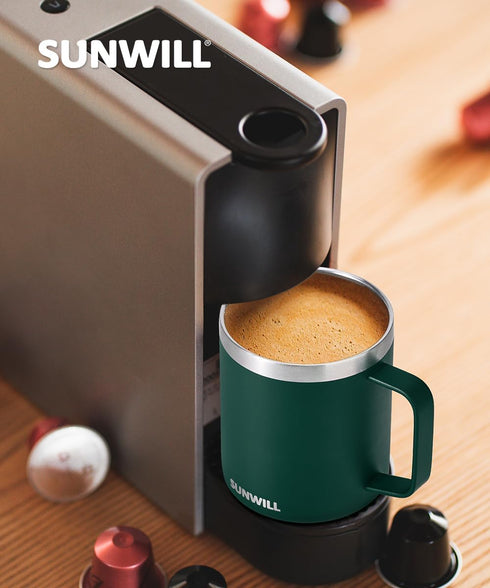 SUNWILL Travel Coffee Mug with Lid, Insulated Cup with Handle, 14 oz Stainless Steel Tumbler for Camping, Office, Outdoor, Powder Coated Forest Gr...
