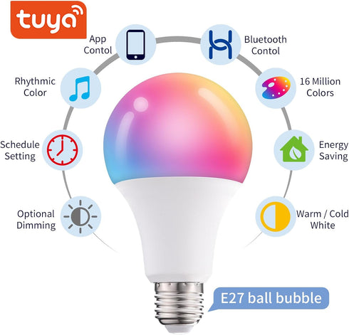 Smart Bluetooth and Wi-Fi LED Light Bulbs, Color Changing Bulb, E27 Base,10W (60W Equivalent) 900lm, Compatible with Alexa and Google Assistant, A...