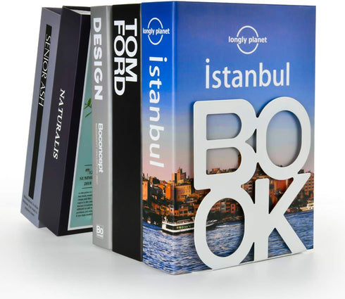 Book Ends - Decorative Metal Book Ends Supports for Bookrack Desk,Books, Unique Appearance Design,Heavy Duty (White)...