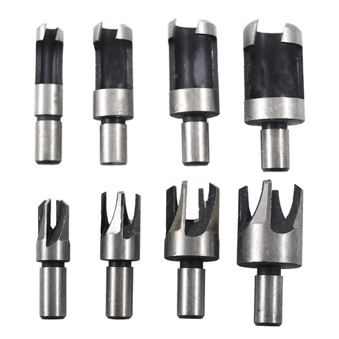 8-Pack Wood Plug Cutter Drill Carbon Steel Bit Set, Straight and Tapered Taper Cutting Tool, Woodworking Chamfer Drill Bits 5/8In, 1/2In, 3/8In, 1...