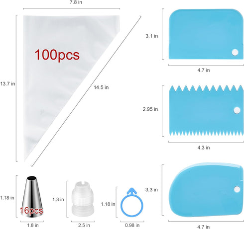 Piping Bags and Tips Set, Cakes Decorating Supplies Kit with 100pcs 12 Inch Pastry Bags, 16 Piping Tips, 3 Cake Scraper, 2 Couplers, 2 Bag Ties, S...