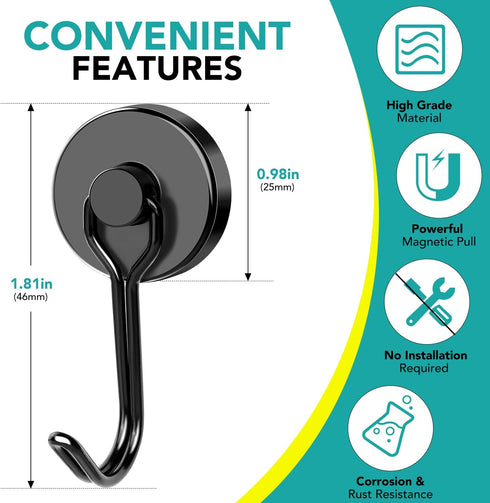 DIYMAG Black Magnetic Hooks, 80LBS Strong Magnetic Hooks heavy duty, Strong Magnet Hooks with Metal Hanger for Hanging Refrigerator Home Kitchen O...