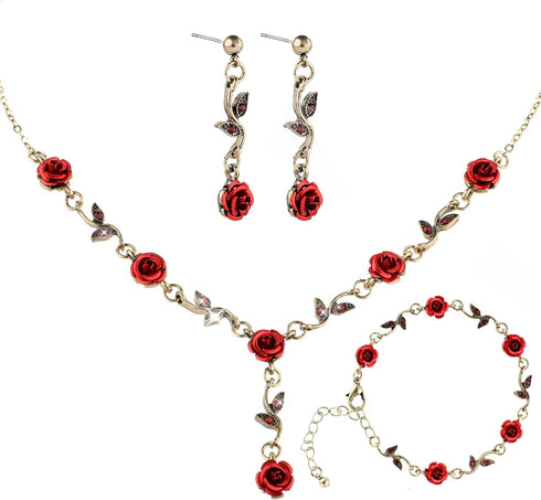 Yolev 3Pcs Set Red Rose Jewelry - Rose Flower Pendant Necklace, Bracelet Dangle Earrings.Bracelet Flower Jewelry Dangle Earrings Set For Valentine...