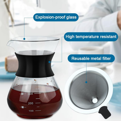 Pour Over Coffee Maker, Portable Drip Coffee Brewer with Reusable Stainless Steel Conical Filter, Glass Carafe Pot with Silicone Protective Cover ...