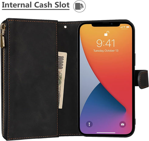 iCoverCase Compatible with iPhone 13 Pro Wallet Phone Case with Card Holder, PU Leather Zipper Pocket Magnetic Detachable Flip Case with Wrist Str...
