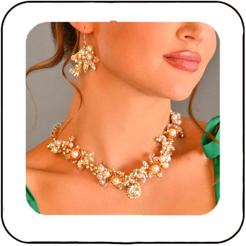 Unicra Gold Crystal Bridal Wedding Jewelry Set Pearl Necklace Earrings Sets Rhinestone Formal Costume Jewelry for Women and Brides...