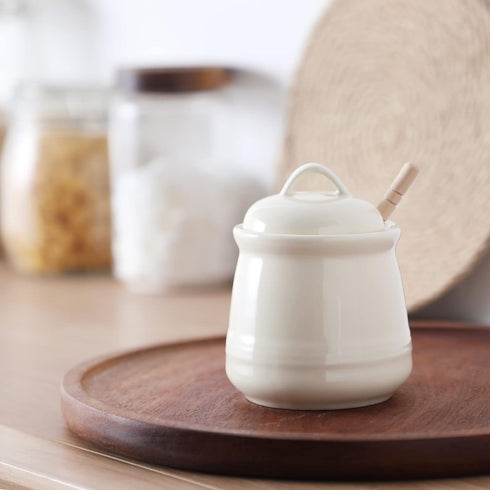 HAOTOP Ceramic Honey pot with Lid and Honey Dipper,Porcelain Honey Jar Easy to Clean and Dishwasher Safe,12oz (Beige)...