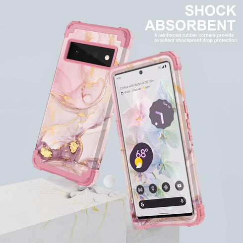for Pixel 6 Pro Case,Google Pixel 6 Pro Case, Marble Rose Gold Women 3 in 1 Hard PC Soft Silicone Protective Rugged Bumper Heavy Duty Hybrid Shock...
