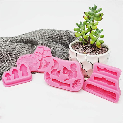 4Pcs/Set Forest Themed Fondant Molds Animal Tree Trunk Squirrel Mushroom Pinecones Lumberjack Gumpaste Chocolate Candy Mold Stump Birthday Cake De...