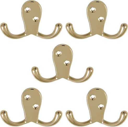Design House Wall-Mounted Coat Hat Towel Robe in Bathroom or Closet, Double Hook Horizontal, Polished Brass 5 Pack...