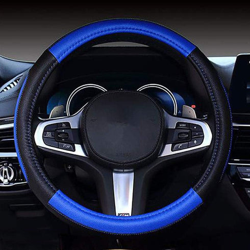 SHIAWASENA Microfiber Leather Car Steering Wheel Cover, Fashion Stitching, Universal 15 Inch Fit, Non-Slip (Black&Blue)...