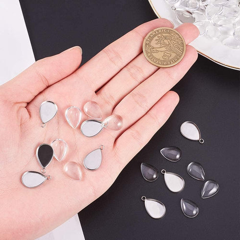 PH PandaHall 100pcs Bezel Pendant Blanks- 50pcs Drop Pendant Trays Photo Charms Cabochons Blanks with 50pcs Glass Cabochons Clear Dome for Wedding...