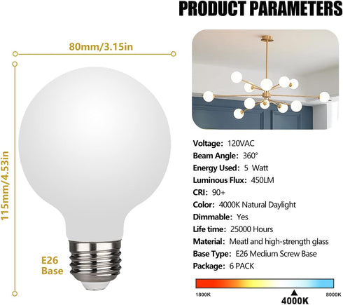 KGC LED Edison Globe Light Bulbs, Neutral White 4000K CRI 90, LED Filament Light Bulb, 5W Equivalent to 40W, G25(G80) Dimmable, Milky Glass, Bathr...
