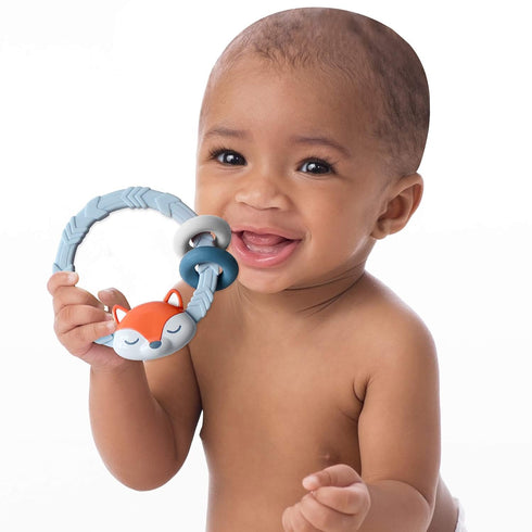 Itzy Ritzy Silicone Teether with Rattle; Rattle Teether Features Rattling Sound, Two Silicone Teething Rings and Raised Texture to Soothe Gums; Ag...