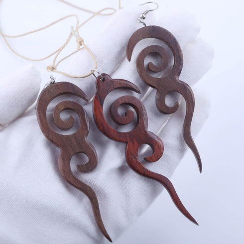 Tribal Wood Earrings and Necklace Set for Women, Long Spiral Dangling Earrings, Adjustable Cord Necklace, Wooden Jewelry...