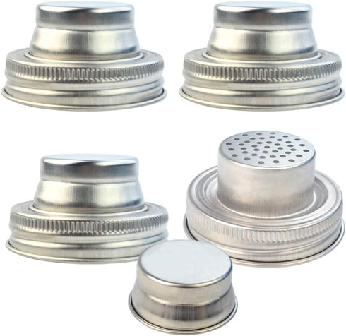 obmwang 4 Pack of Stainless Steel Mason Jar Shaker Lids Caps for Cocktail,Dredge Flour,Mix Spices,Sugar, Salt, Peppers and More or Shake Drinks Co...
