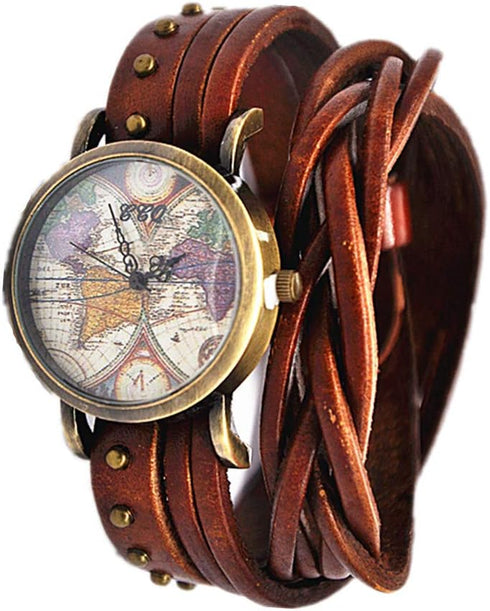 Women Watches Soft Leather Wrap Arond Watch Traval Word Map Watch Men Watch Brown/Black (15.95" Length)...