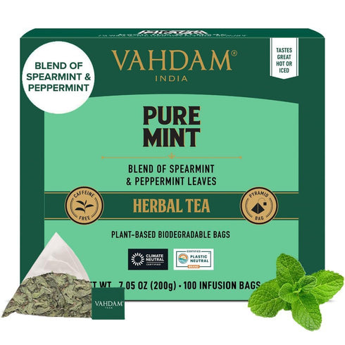 VAHDAM, Pure Mint Herbal Tea (100 Pyramid Tea Bags) Caffeine Free, Non GMO, Gluten Free | Blend of Spearmint & Peppermint - Sweet & Minty | Reseal...