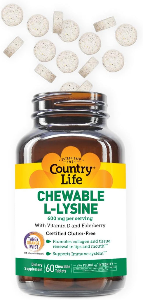 Country Life Chewable L-Lysine Supplement with Vitamin D and Elderberry, Immune Support and Collagen Renewal for Skin Tissue, Ideal for Adults...