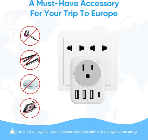 European Travel Plug Adapter, RATEA International Power Plug Adapter with 3 USB Type A, 1 Type C Outlet Adaptor Charger for US to Most of Europe E...