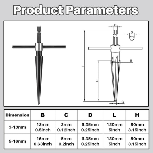 Tapered Reamer Set with T Handle, 3-13mm (1/8''-1/2'') & 5-16mm (½"-5/8") 6 Fluted, Carbon Steel Hex Shank for Guitar Woodworking - 2pcs...