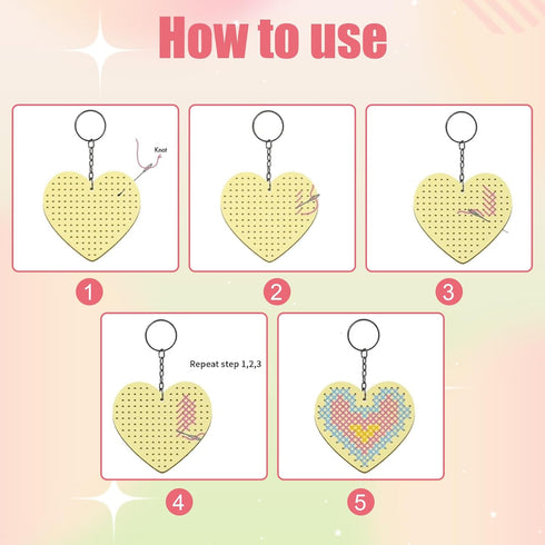 GLOBLELAND 8 Pcs Wooden Cross Stitch Kits Love Star Wood Cross Stitching Keyrings Wood Sewing Kit Plastic Needle Embroidery Kit for Beginners...