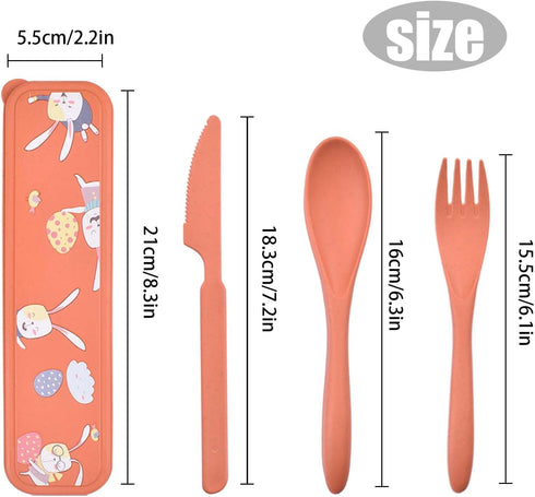4 Sets Travel Utensils with Case - Cute Rabbit Pattern, Wheat Straw Reusable Utensils Set with Case Portable Utensils Set with Case for Travel Pic...