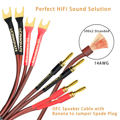 UCINNOVATE 2 Pack HiFi OFC Speaker Cable with Banana Plug to Jumper Spade, Banana Plug to U Fork Plug 14AWG Speaker Wire Cord Jumper Bridge Cable ...