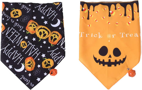 2 Pack Halloween Dog Bandanas with Bell, Pet Holiday Pumpkin Ghost Themed Pattern Triangle Bibs Dog Fall Scarf Accessories Premium Durable Fabric ...