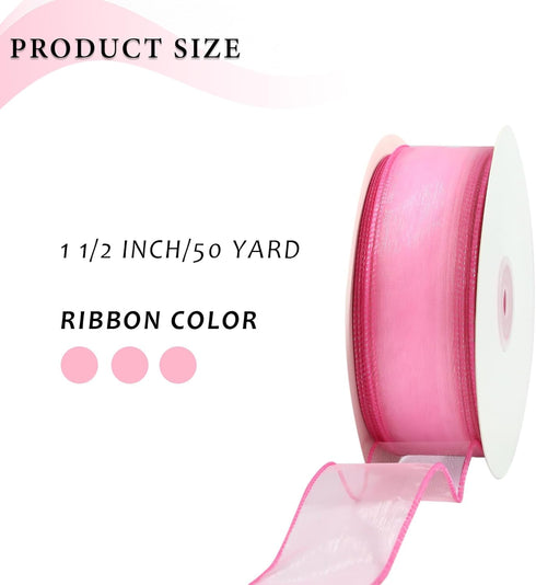 LaRibbons Organza Wired Ribbon, Hot Pink Sheer Ribbon for Flower Bouquet, Gift Wrapping, Wedding Invitations Wreaths Wrap, Party Decoration, 1 1/2...