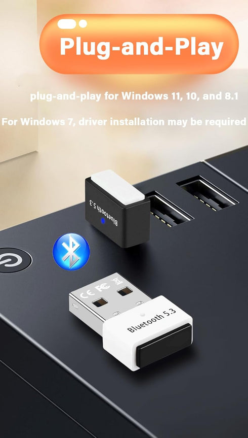 USB Bluetooth 5.3 Adapter for PC Supports Windows 11/10/8.1/7,Plug &Play For Win11/10, Mini 5.3+EDR Bluetooth Dongle Receiver&Transmitter for PC,L...