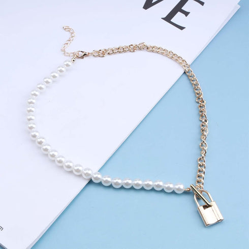 Punk Lock Pendant Necklace Big Pearl Choker Necklace Gold Curb Chain Necklace Vintage Toggle Necklace Choker Jewelry for Women and Girls...