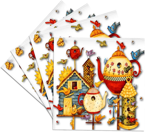 3dRose cst_184658_3 Pretty Decorative Teapots and Birdhouses-Ceramic Tile Coasters, Set of 4...